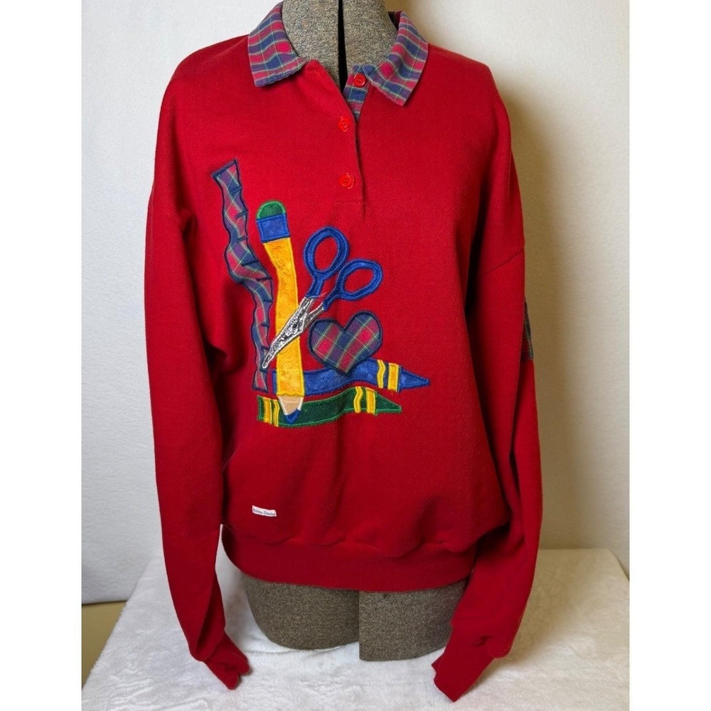 Vintage Jerzee Large Red Pullover Sweater Plaid Embroidered Teacher School